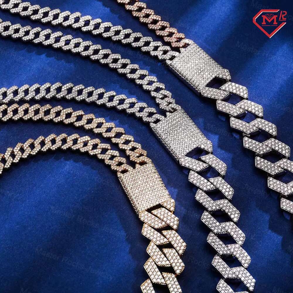 Hiphop Moissanite Cuban Link Chain Gold Plated 15mm 925 Sterling Silver Ice Out Miami Moissanite Cuban Chain