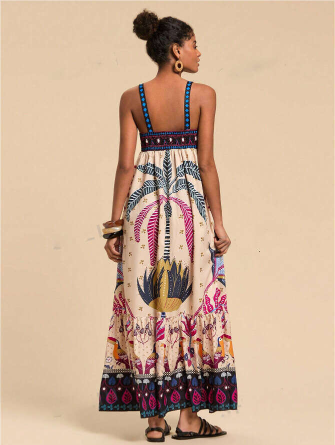 European and American women's tropical printed vacation style Bohemian dress 2025 new casual fashion trend clothing
