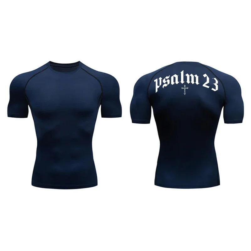 Christian Psalm 23 Cross print mens sports quick drying Tshirt top gym workout compression short sleeved fitness suit 250430