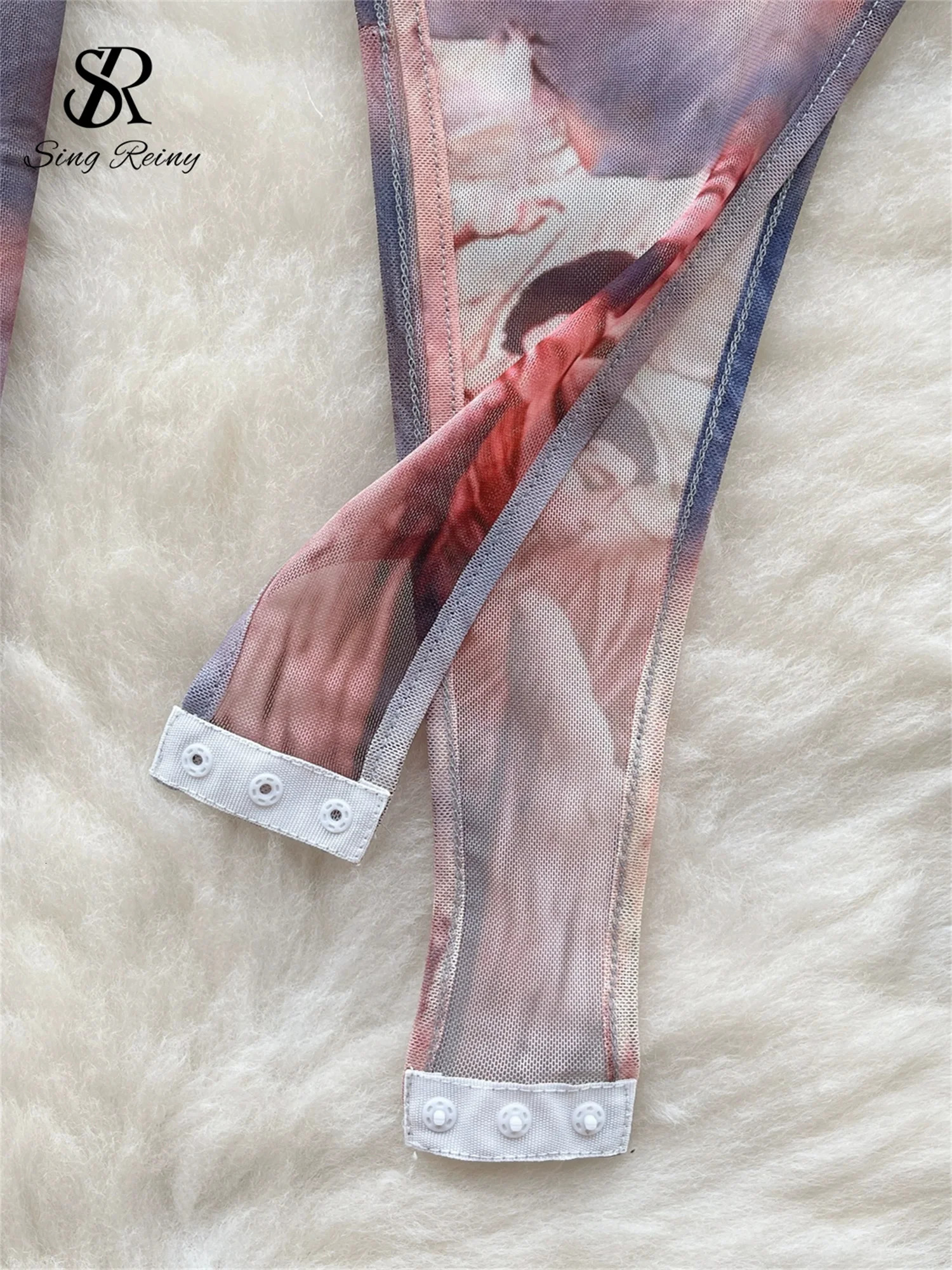 SINGREENY Fashion week twopiece set with Oneck long sleeved transparent bodysuit top and tight mini tie dye print 250430e