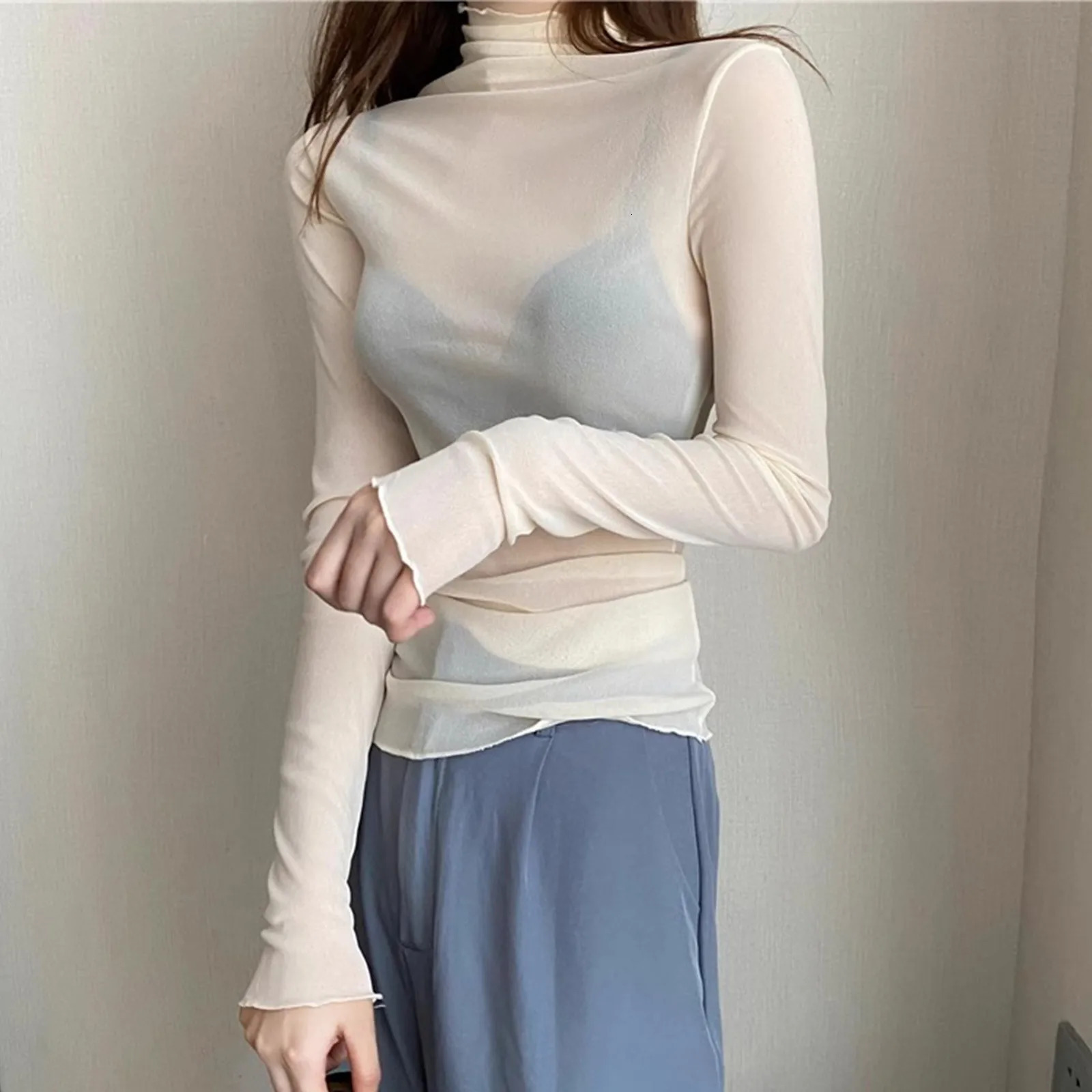 High neck transparent mesh womens clothing long sleeved turtle Tshirt black and white pink shirt layered chiffon top 250425