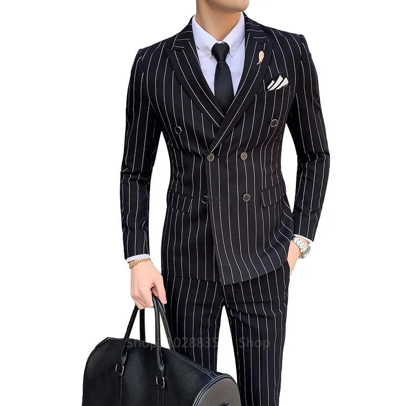 Vertical Striped Mens Homme Slim Fit Business Edition Double corset Wedding Banquet Set 2 pieces 250428