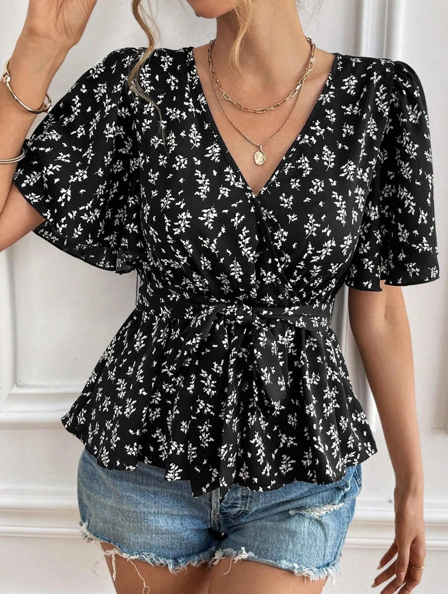 1 sweet floral Vneck short sleeved shirt with belt womens summer French n abdominal coverage weight loss temperature top 250425