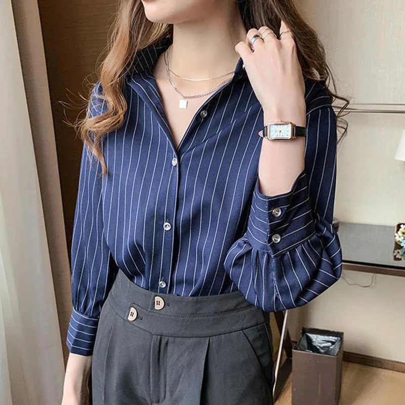 Striped womens summer retro chic loose long sleeved top Y2K office fashionable casual collar fully matched shirt 250422