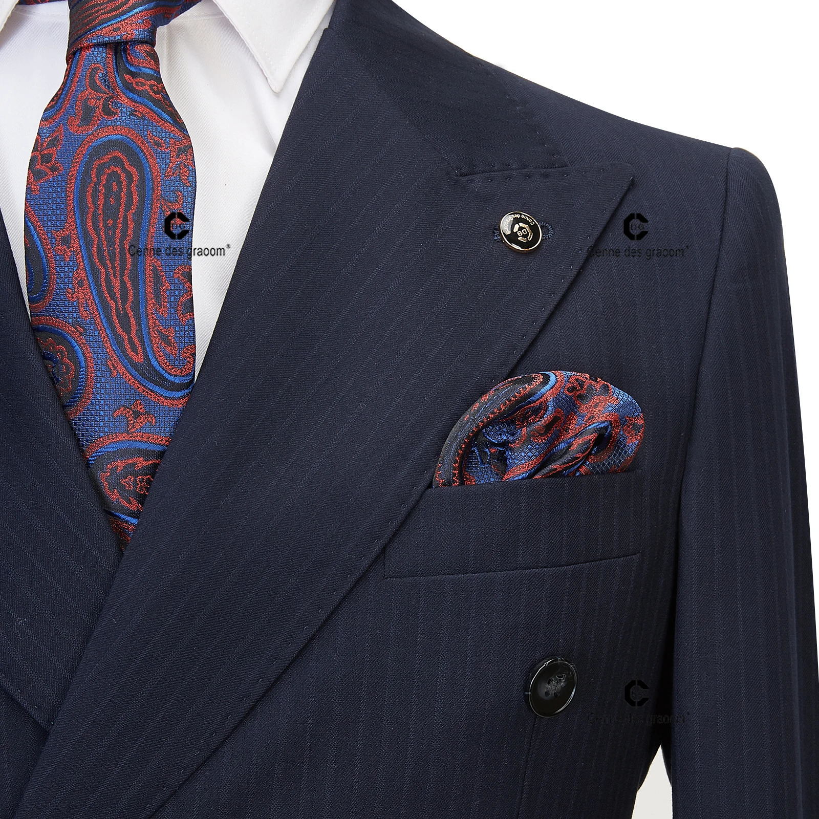 Cenne Des Graoom Double Chest Blue Black Striped Mens Custom 2piece Jacket Pants Business Meeting Wedding 250428