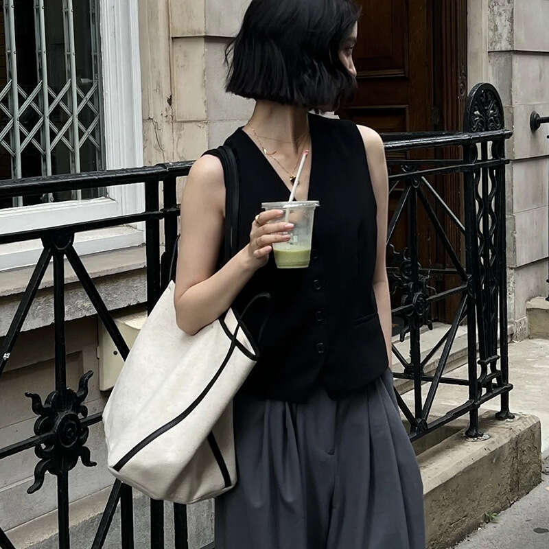 2024 Summer New ARKET Canvas Tote Shoulder Splicing Head Layer Cowhide Contrast Color Large Capacity Underarm Bag