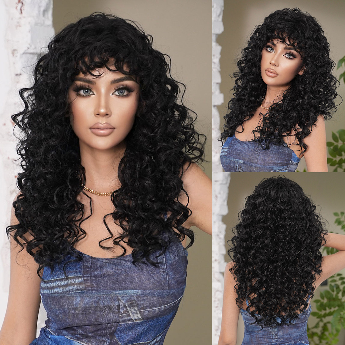 spicy New Asian honey gold curly black spring curly long hair with bangs and synthetic fiber mechanism wig