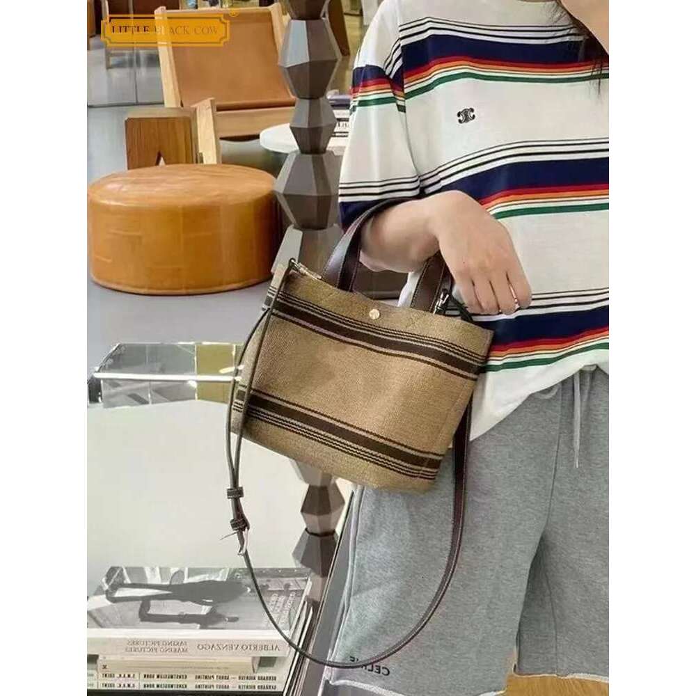 Women Vintage Designer Mixed Colors Stripe Weave Cotton Linen Bucket Totes Ladies Shoulder Bag Summer Casual Fashion Handbag