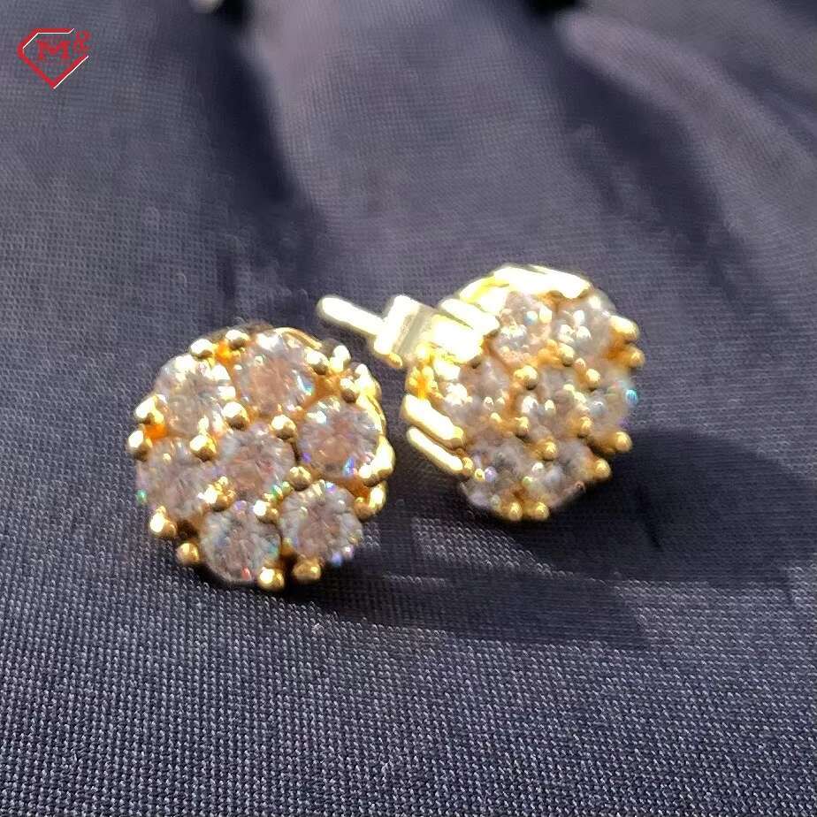 High Quality Moissanite Flower Earrings Gold Plated Stud Scrw Back Hip Hop 925 Silver Moissanite Earrings