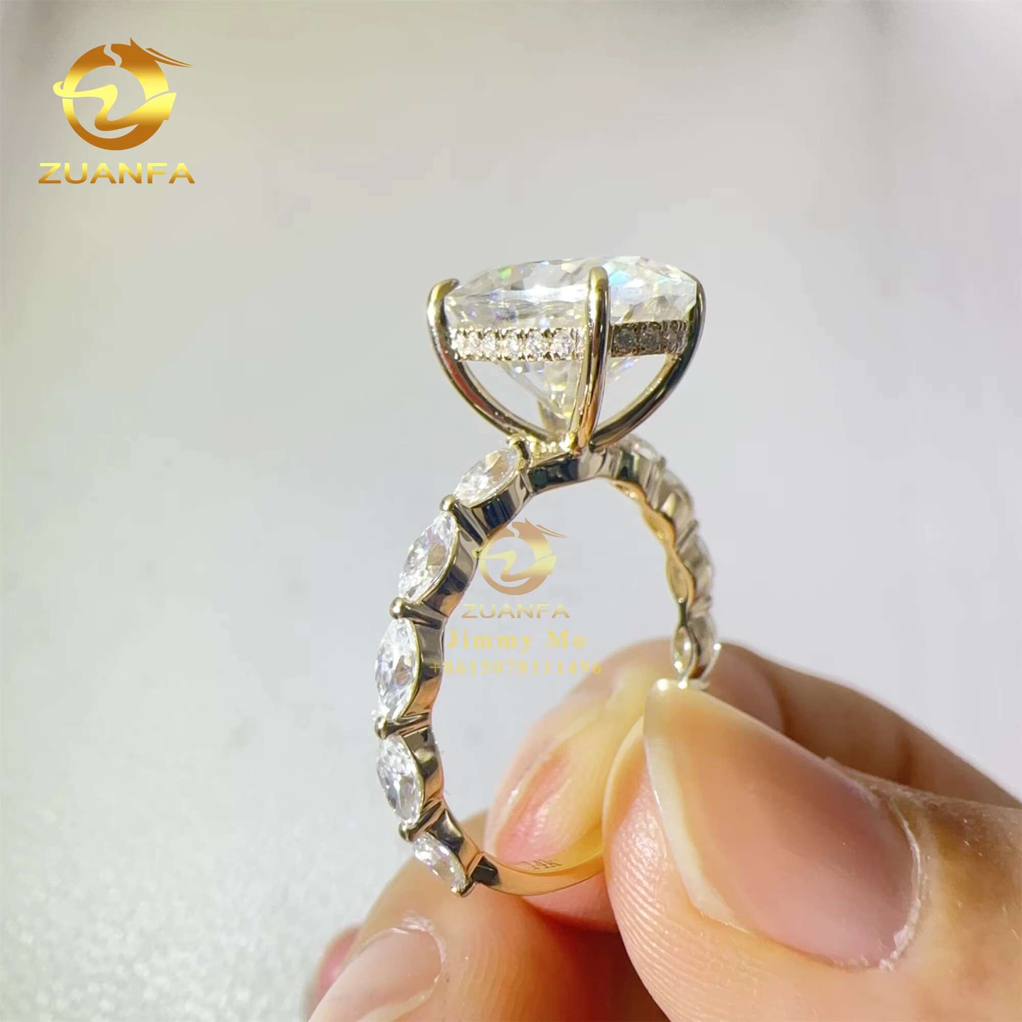 14k Yellow Gold 4.5ct Iced Crushed Oval Marquise Moissanite Diamond Engagement Wedding Band Ring Women Gift GRA Certificate