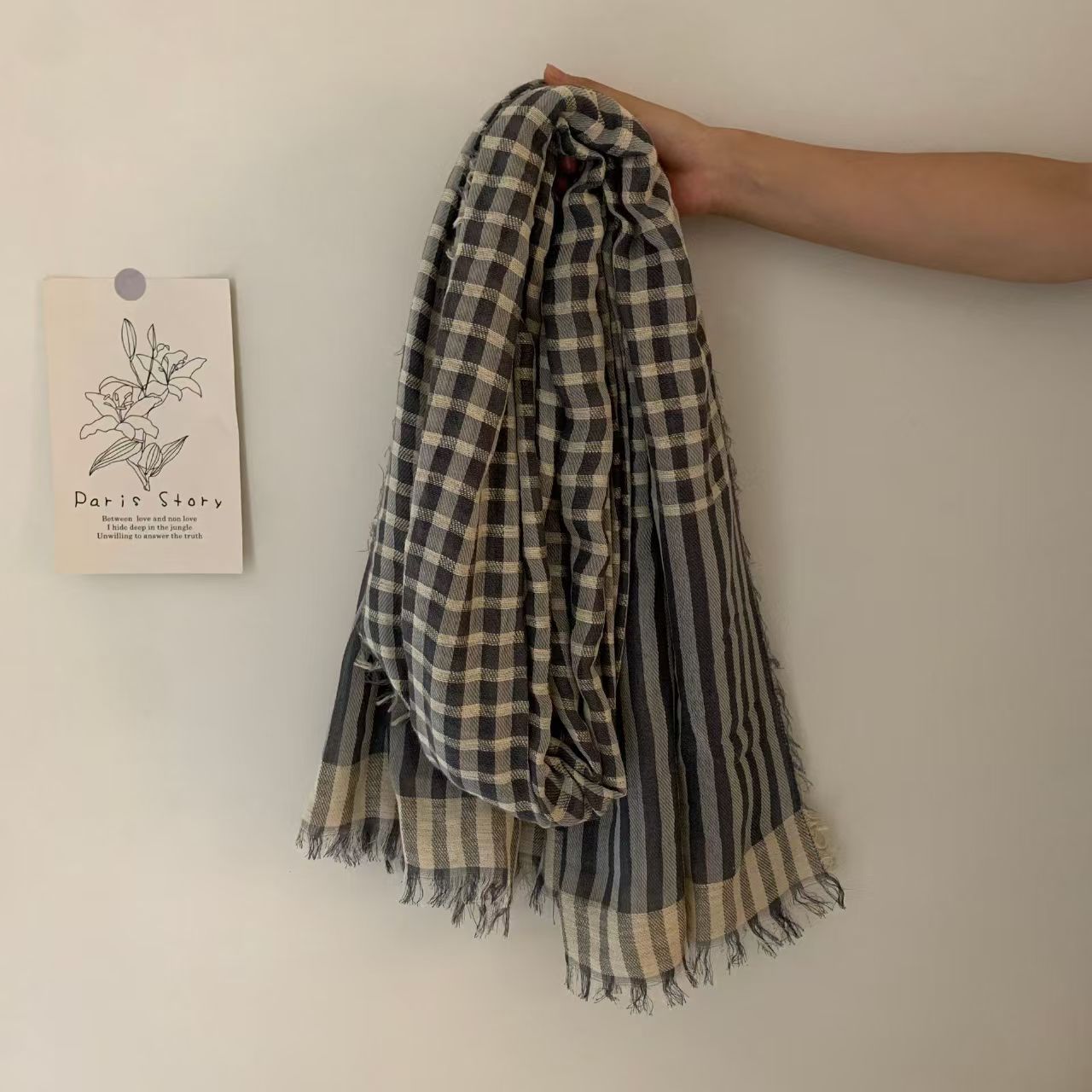 T613 cotton and linen scarf for women in spring and autumn, high-grade shawl, retro sunshade striped plaid natural crepe scarf