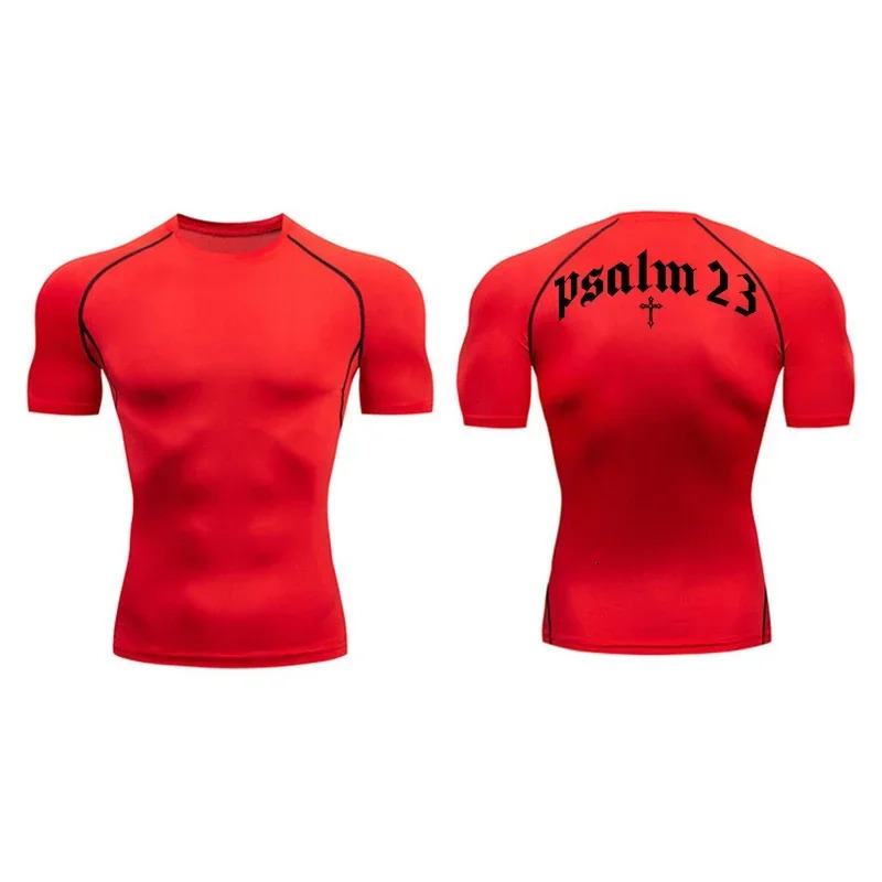 Christian Psalm 23 Cross print mens sports quick drying Tshirt top gym workout compression short sleeved fitness suit 250430