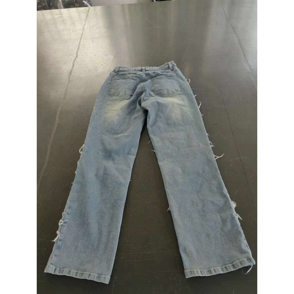 S69562025 summer denim layered perforated washed straight tube tassel fashionable jeans 2025 new casual fashion trend clothing