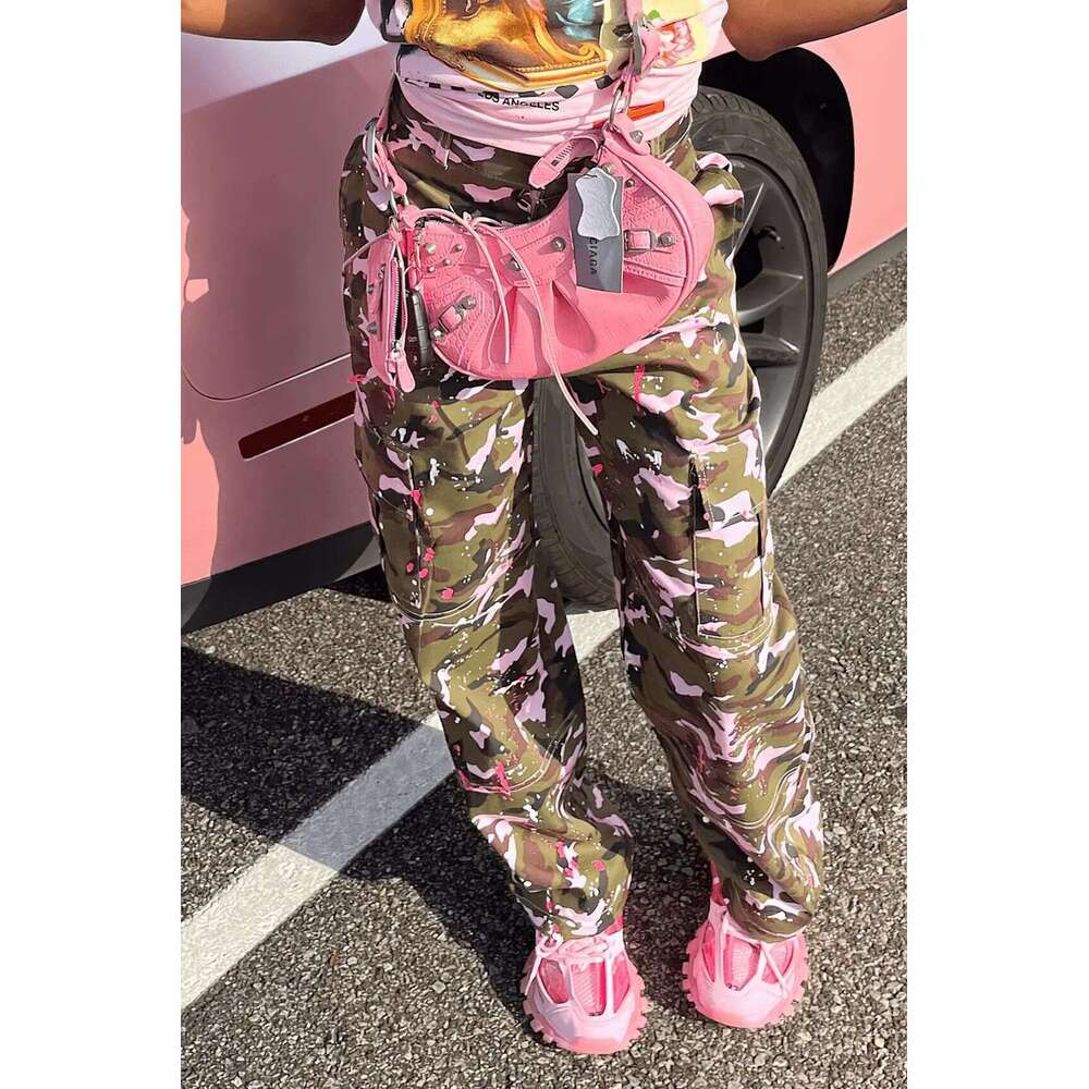 S6931 European and American women's fashion high waisted camouflage pocket multi-color pants 2025 new style temperament chic elegant clothing