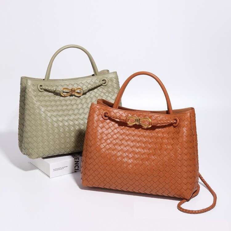 Fashionable niche metal buckle bow woven for women tote bag, genuine leather large capacity single shoulder bag