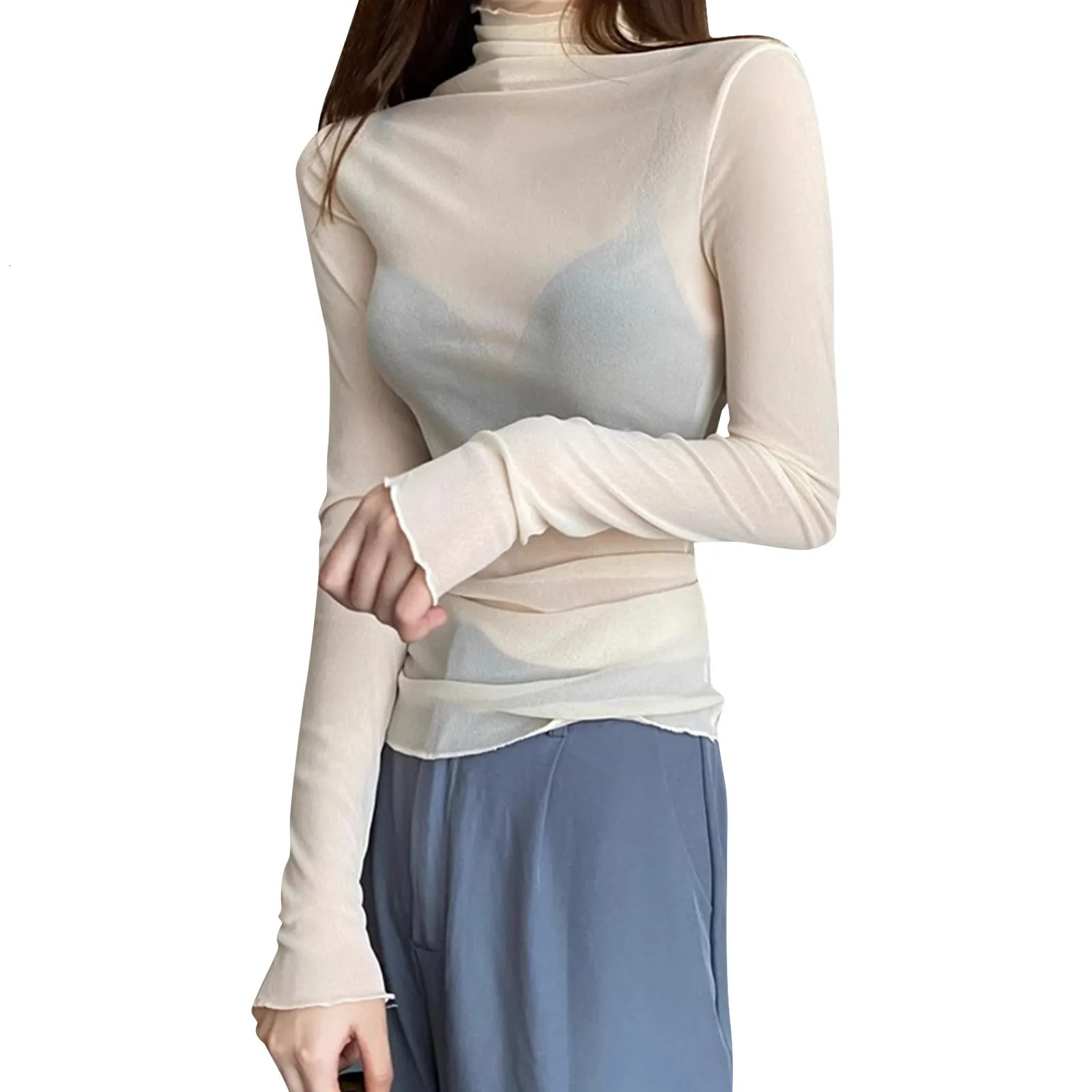 High neck transparent mesh womens clothing long sleeved turtle Tshirt black and white pink shirt layered chiffon top 250425