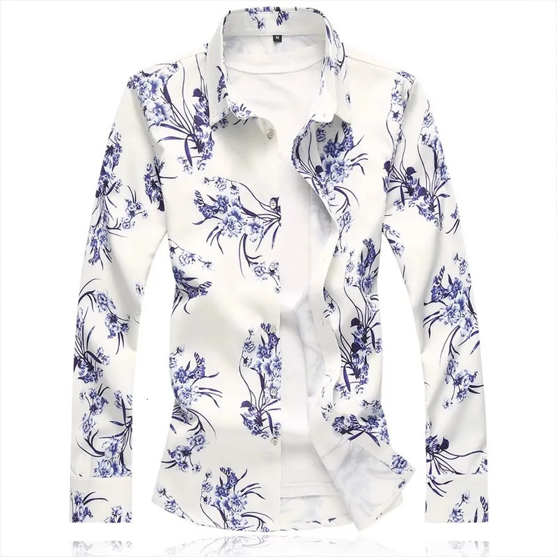 Blue printed long sleeved shirt mens fashionable casual single chest lapel Asian size M7XL 250427