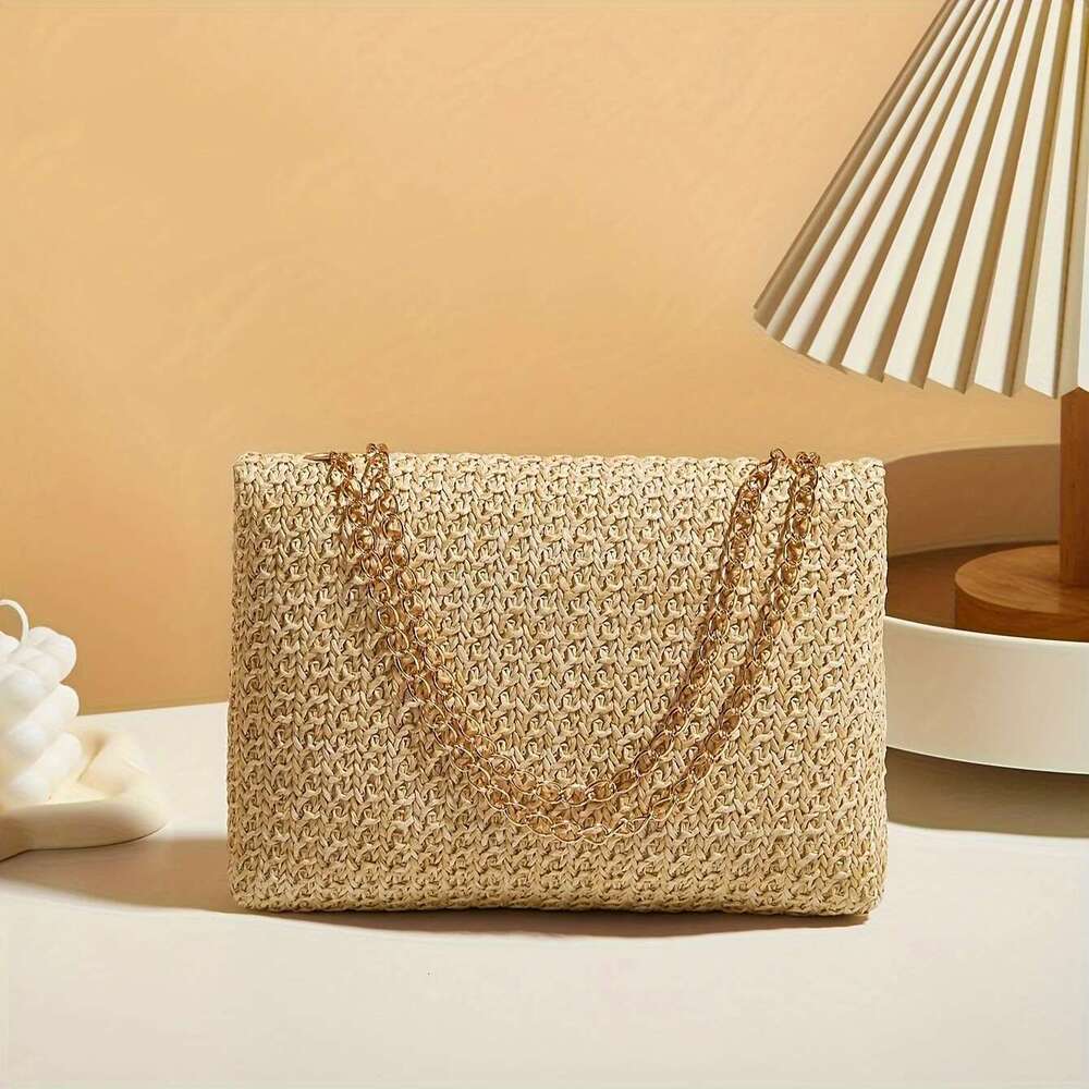 Woven Straw Handwoven Women's Shoulder Bag, Fashion Solid Color Crossbody Purse With Lock Closure