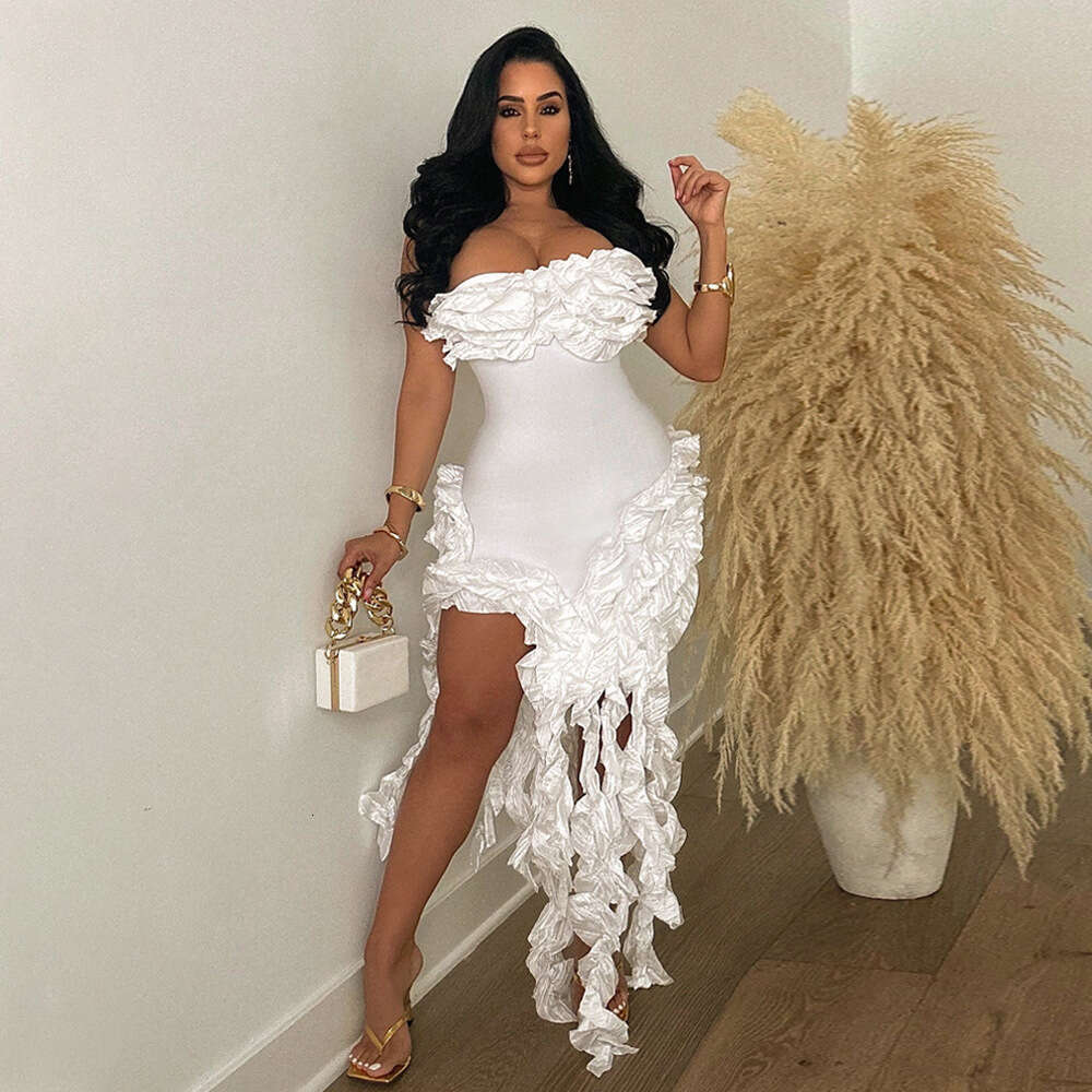 CY901043 European and American strapless solid color sexy irregular tassel high slit dress for women 2025 new casual versatile fashion clothing