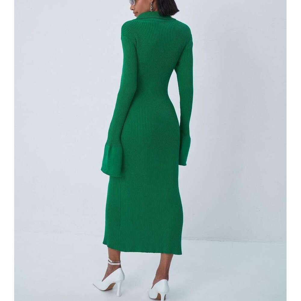 European and American 2021 autumn women's sleeved V-neck long flared sleeve sweater dress 0005 2025 new casual versatile fashion clothing