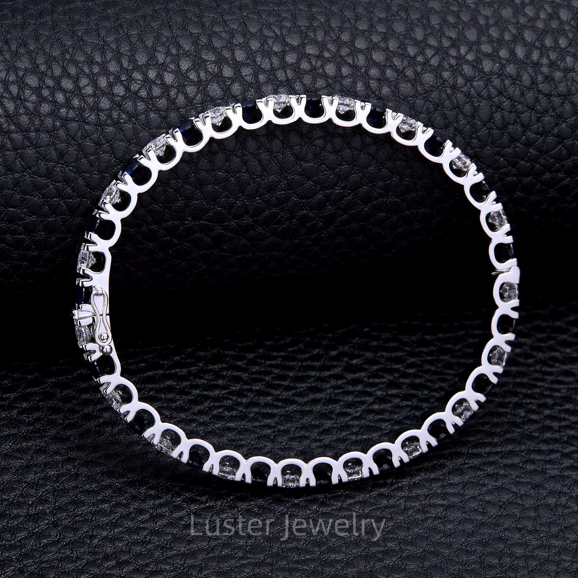 Luster Glamorous 925 Sterling Silver 4mm VVS Round Moissanite Diamond Royal Blue Lab Sapphire Tennis Bracelet for Women