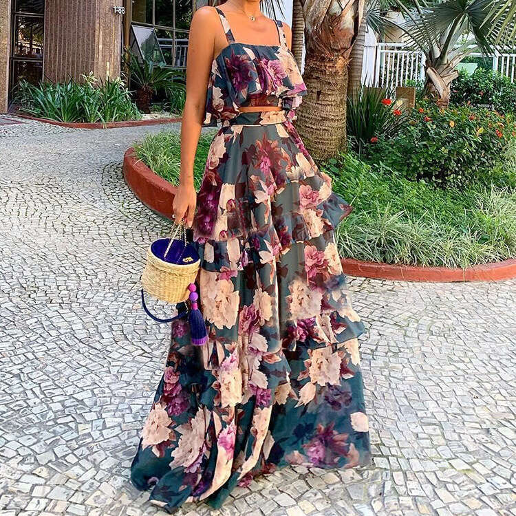 European and American Women's Beach Edge Fake Style Printed Two piece Set with Strap Top, Cake Skirt, Long Skirt Set, Versatile New Trendy Clothi