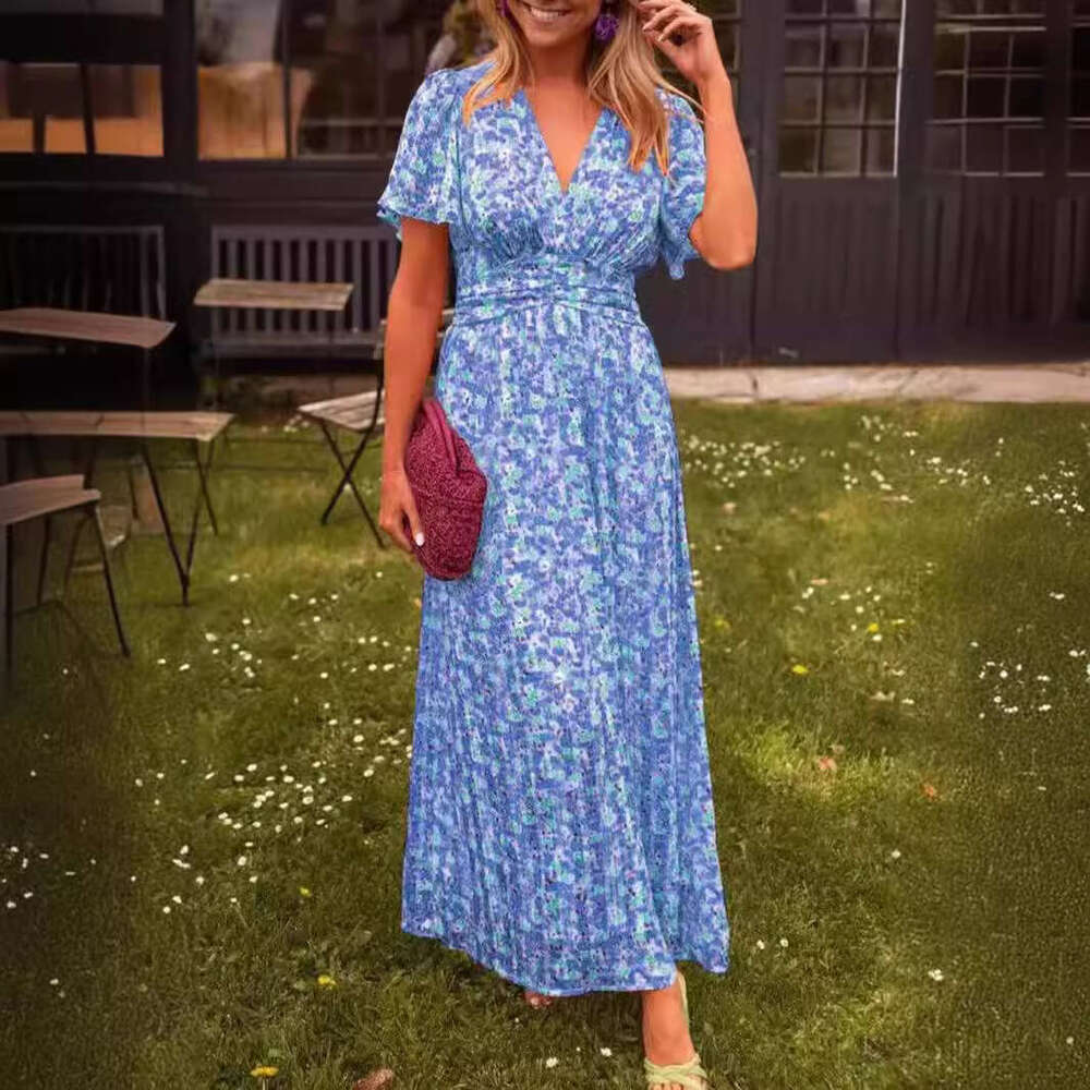 European and American women's print waist cinched V-neck dress long skirt 2025 temperament versatile new trend clothing ins
