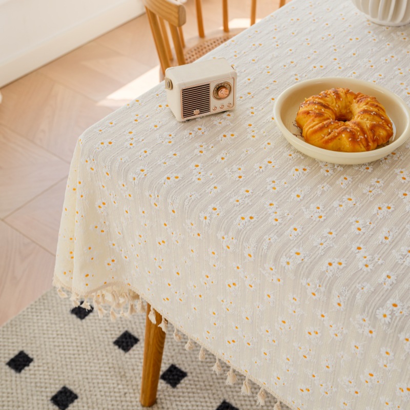 W25 small fresh cotton and linen fabric tablecloth ins small daisy floral tablecloth tassel photo simple rectangular tablecloth