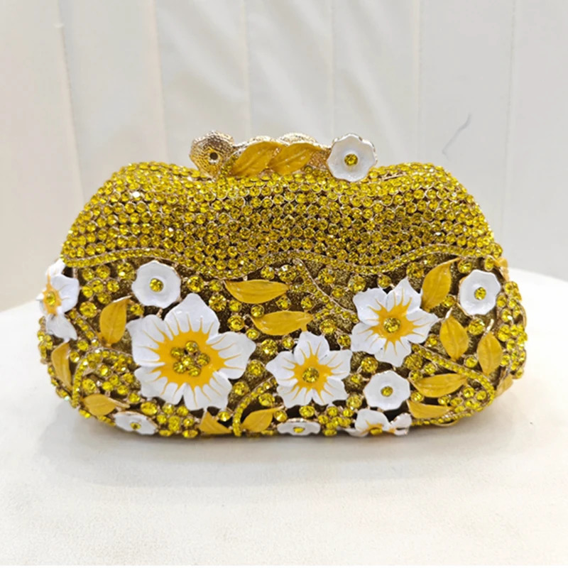 Gold Metal Flower Diamond Evening Bag Womens Crystal Wedding Wallet Party Handbag Ball Official Club Minaudiere 250428