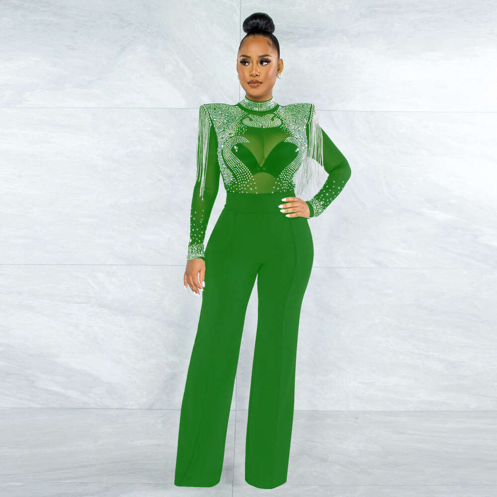 CY9232B European and American fashion sexy casual slim fit high neck see through hot dia fringe jumpsuit for women 2025 temperament versatile new tren