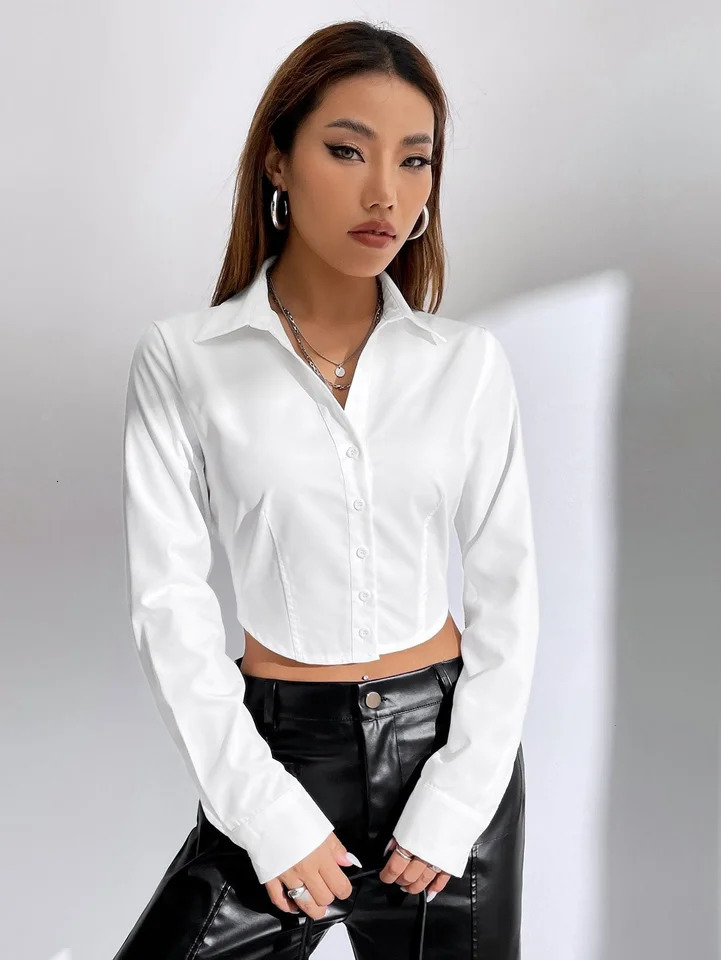 Womens casual solid color button crop short sleeved long shirt 250422
