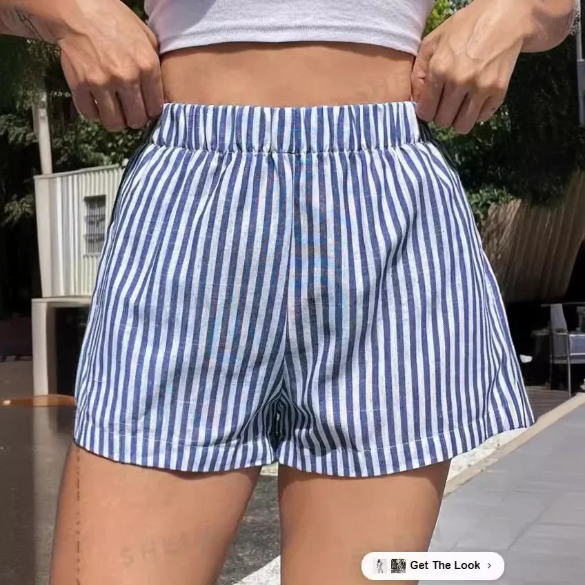 Womens Bohemian Style High-Waisted Striped Elastic Waist Shorts Blue White Detailing Casual Summer Fashion 250428