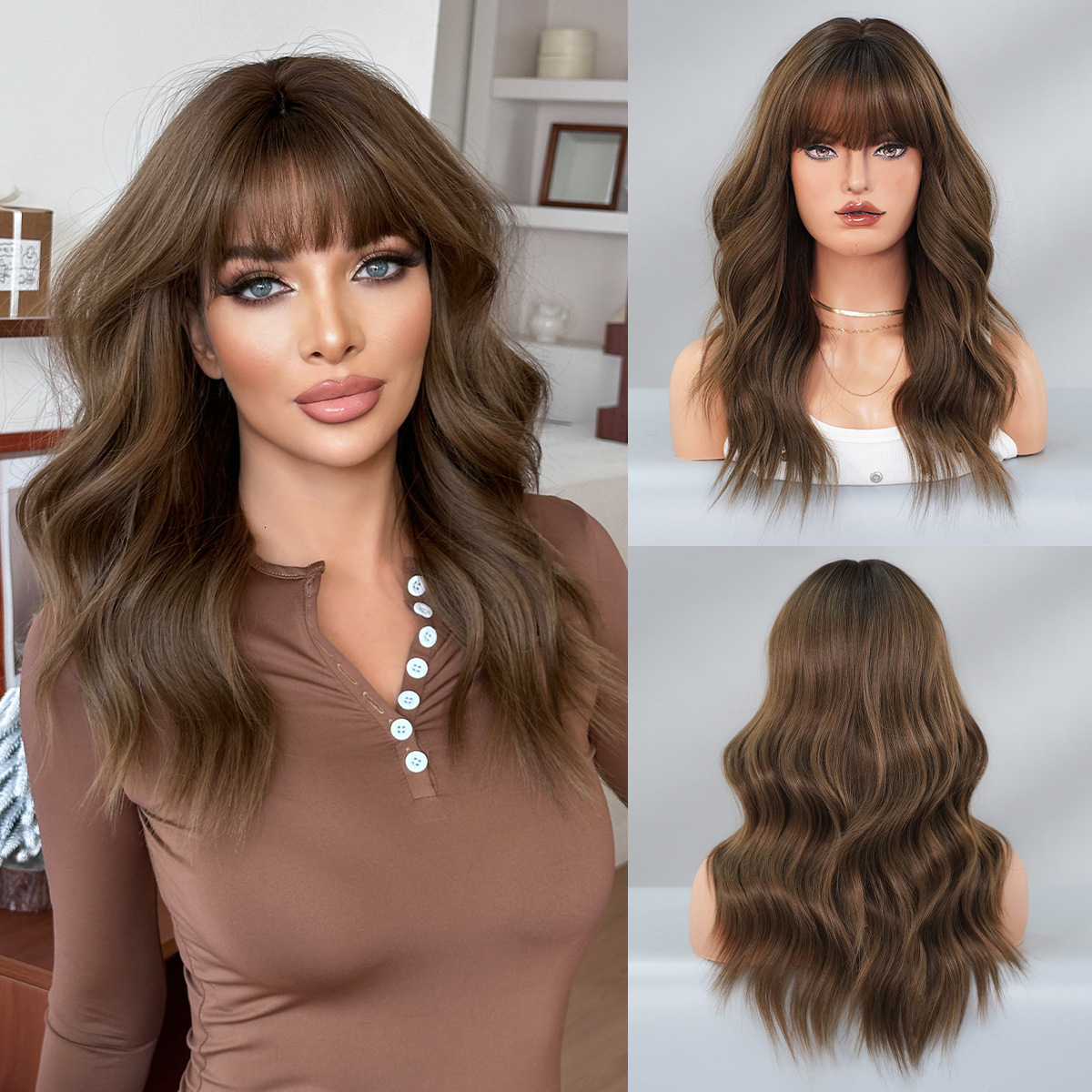 gradient 2025 brown medium long wavy curly hair with bangs top dyed appearance natural mechanism full head cover