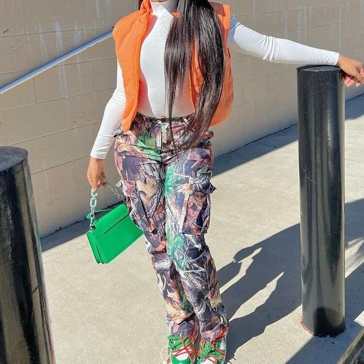 1096 European American Ins style autumn and winter fashionable leaf print straight tube high waist pocket multi-color work pants 2025 new casual versa
