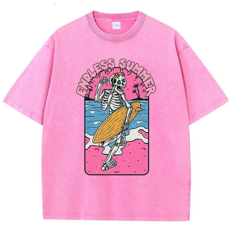 Fashion Women Cotton Washed T-Shirt Endless Summer Skull Surfing Printing Short Sleeve Casual Loose Tee Shirt Vintage Clothes