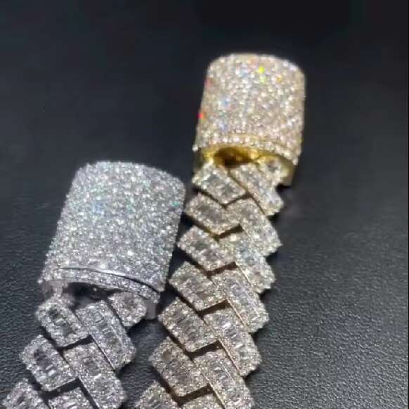 Hiphop Mossanite Cuban Chain 18mm 925 Sterling Silver Baguette Cut Prong Setting Moissanite Cuban Link Chain