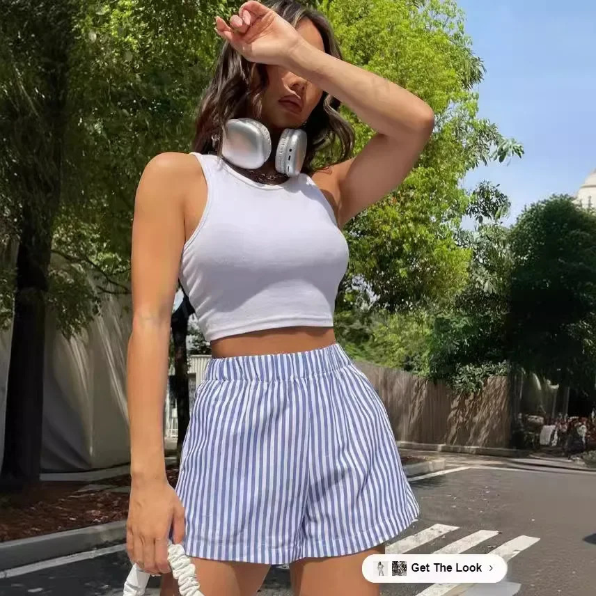 Womens Bohemian Style High-Waisted Striped Elastic Waist Shorts Blue White Detailing Casual Summer Fashion 250428