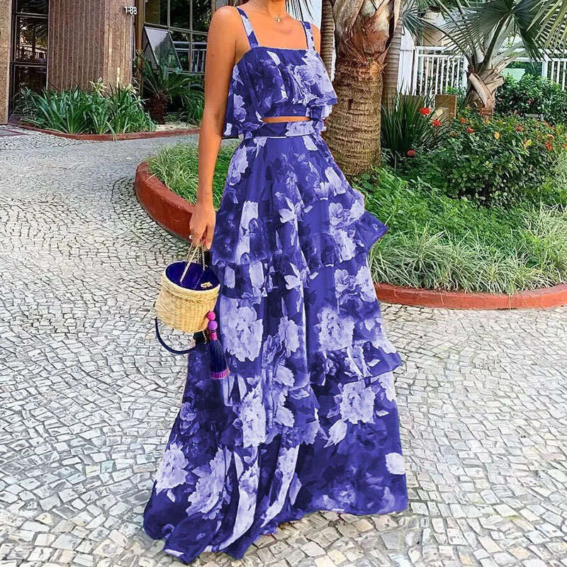 European and American Women's Beach Edge Fake Style Printed Two piece Set with Strap Top, Cake Skirt, Long Skirt Set, Versatile New Trendy Clothi