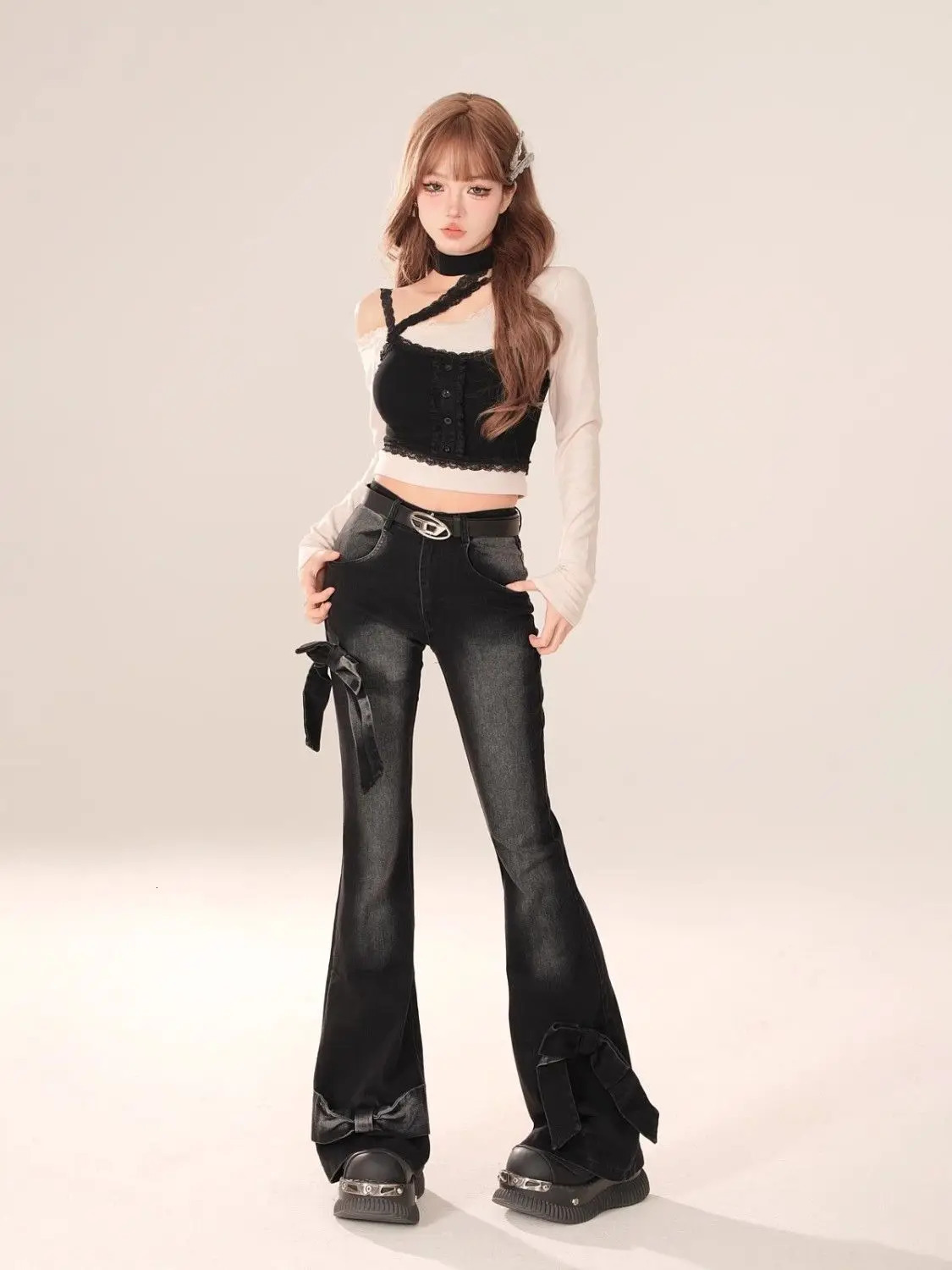 Womens Black Gothic Bow Shining Jeans Harajuku Aesthetics Y2K Denim Trouser High Waist Retro 2000s Garbage Clothing 250428