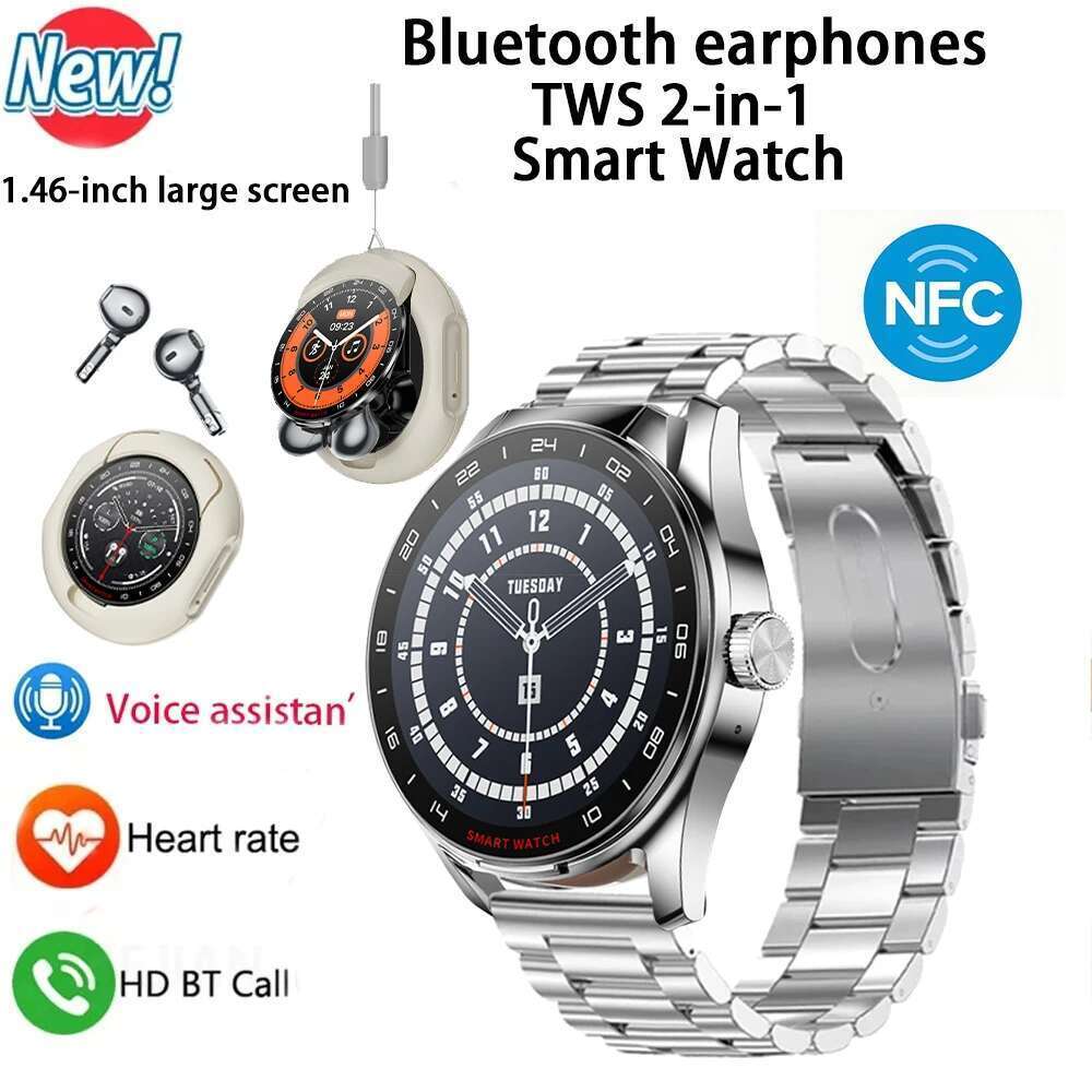 NFC Men's Smart Watch TWS 2-in-1 Bluetooth Earphones 1.46-inch * 360 HD Touchscreen Heart Rate Monitoring Women's SmartWatch