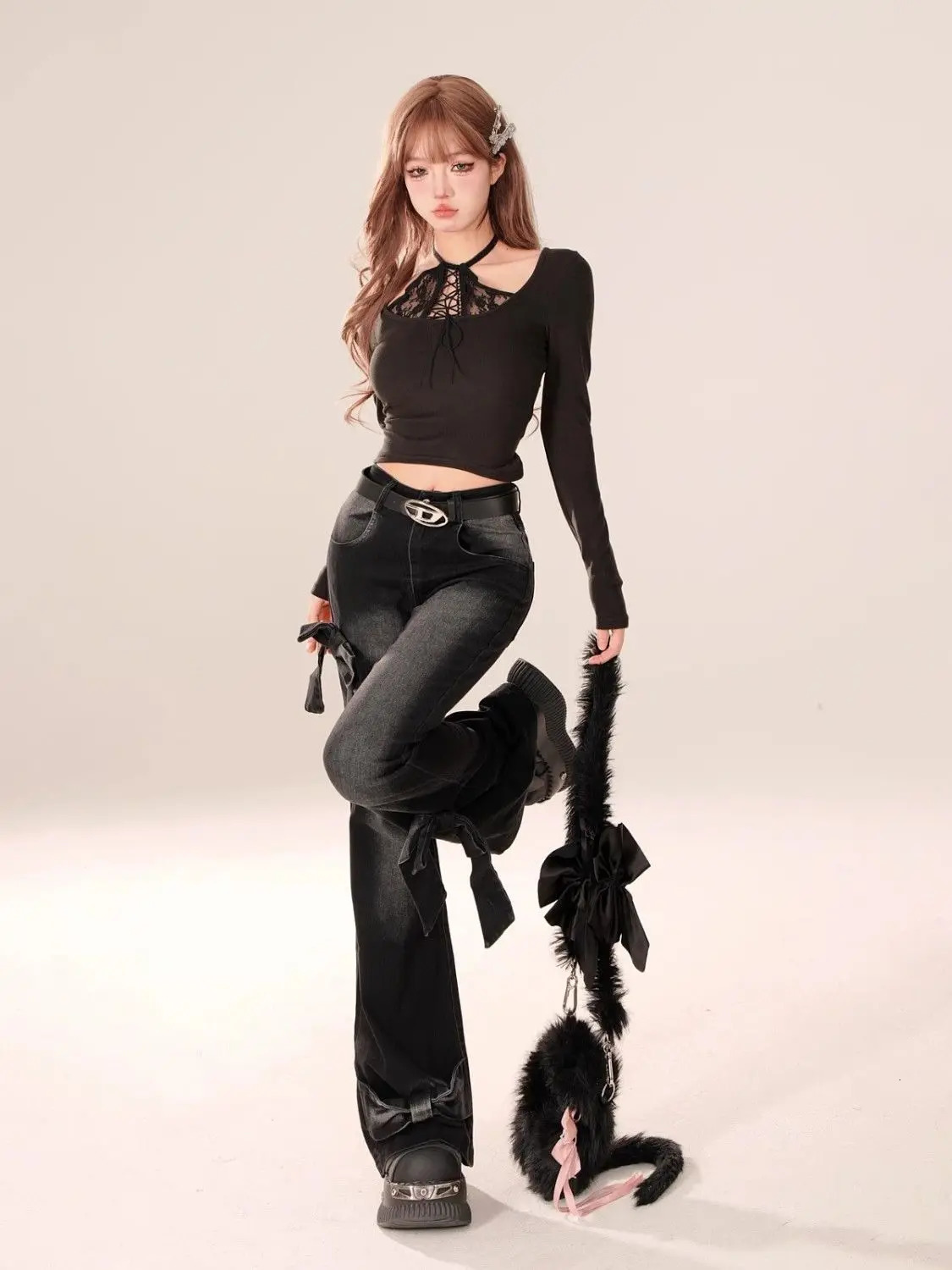 Womens Black Gothic Bow Shining Jeans Harajuku Aesthetics Y2K Denim Trouser High Waist Retro 2000s Garbage Clothing 250428