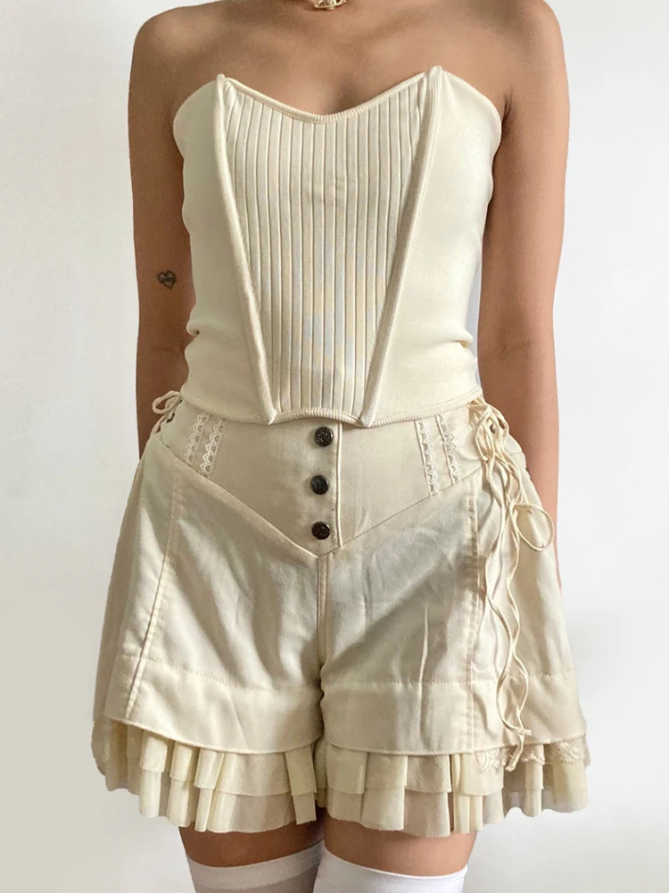 IAMSURE retro sweet bandage pleated shorts ultra-thin solid high waist patch work shorts for women summer fashion streetwear for women 250427