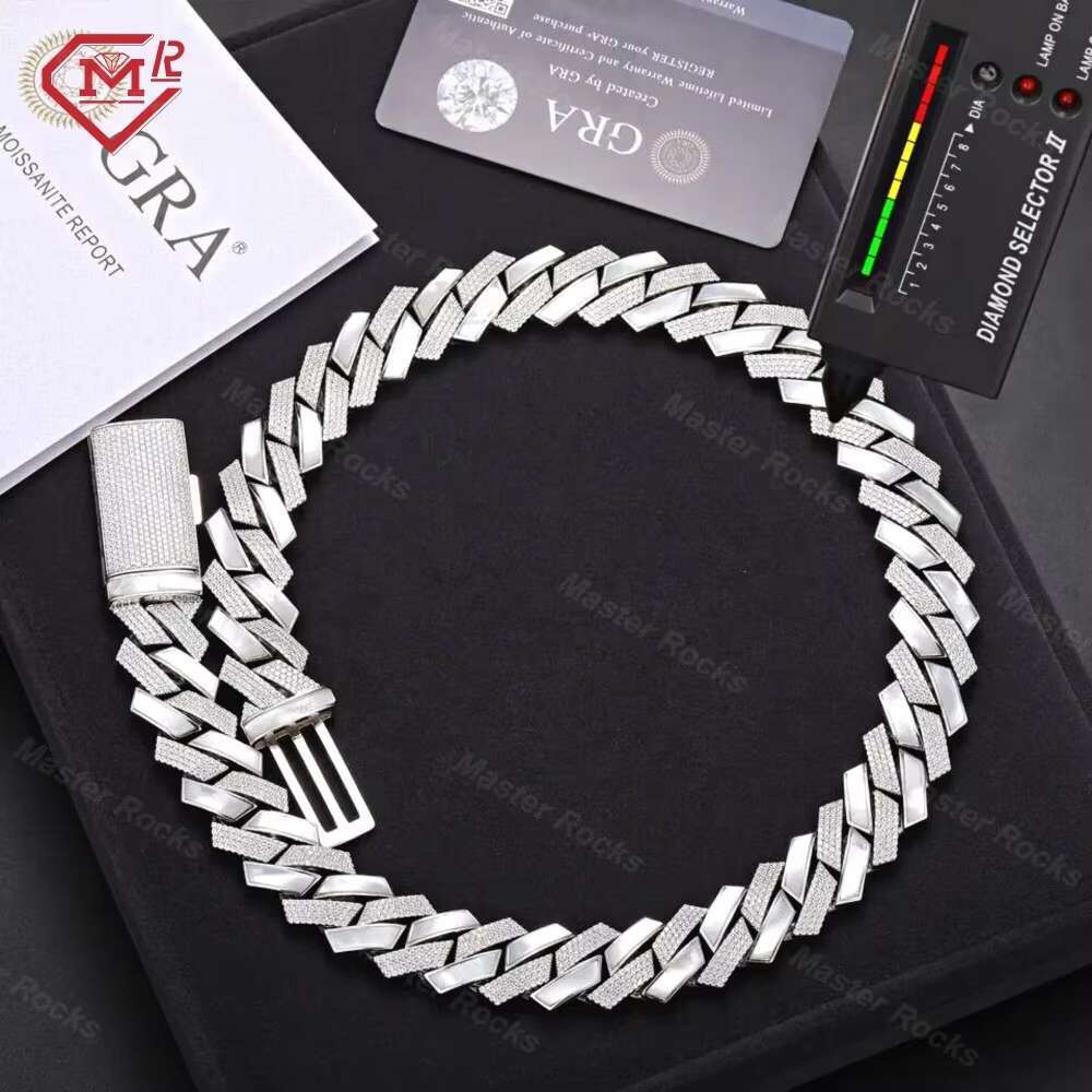 Hiphop 18MM Iced Out Cuban Chain Handmade Setting 925 Sterling Silver Moissanite Cuban Link Chain