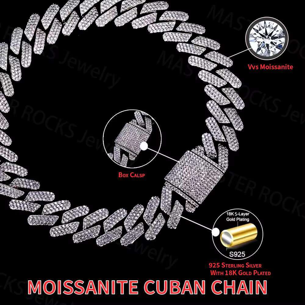 Hiphop Miami Cuban Link Chain 18mm Baguette Cut 925 Sterling Silver Iced Out Moissanite Chain Cuban