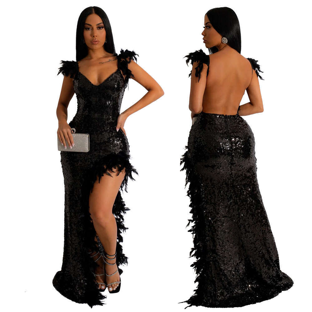 CY900214 European and American sexy feather suspender high slit sequin backless dress V-neck party nightclub style 2025 temperament versatile new tren