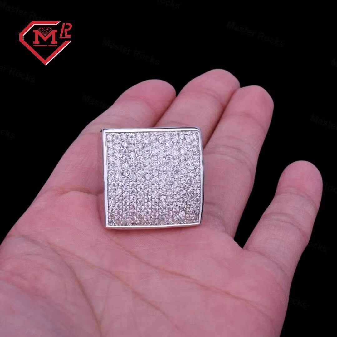 Hip Hop Big Cubic Stone Iced Out Pinky Ring for Men 925 Silver Square Luxury Moissanite Ring Mens