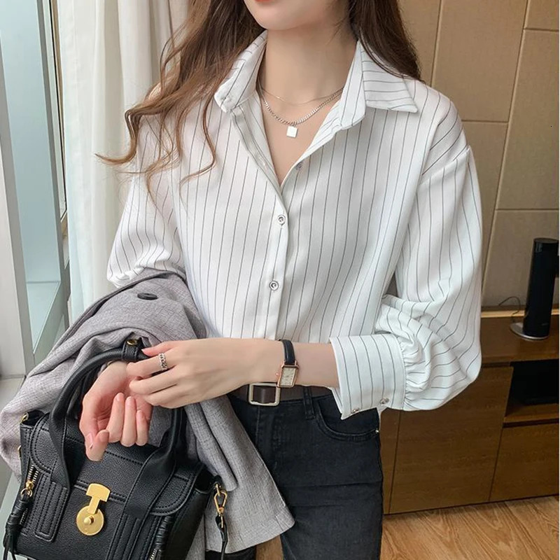 Striped womens summer retro chic loose long sleeved top Y2K office fashionable casual collar fully matched shirt 250422