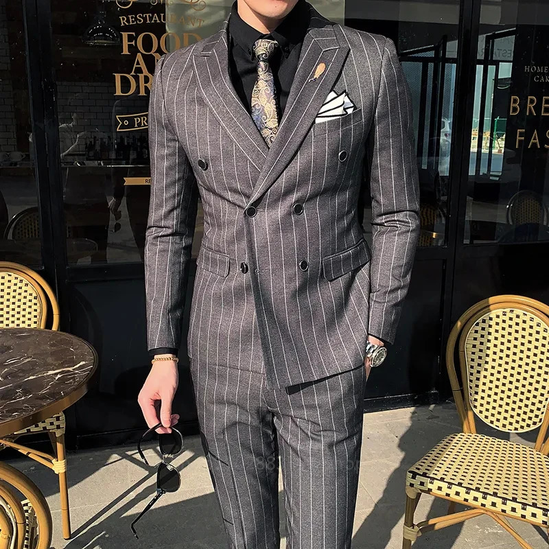 Vertical Striped Mens Homme Slim Fit Business Edition Double corset Wedding Banquet Set 2 pieces 250428