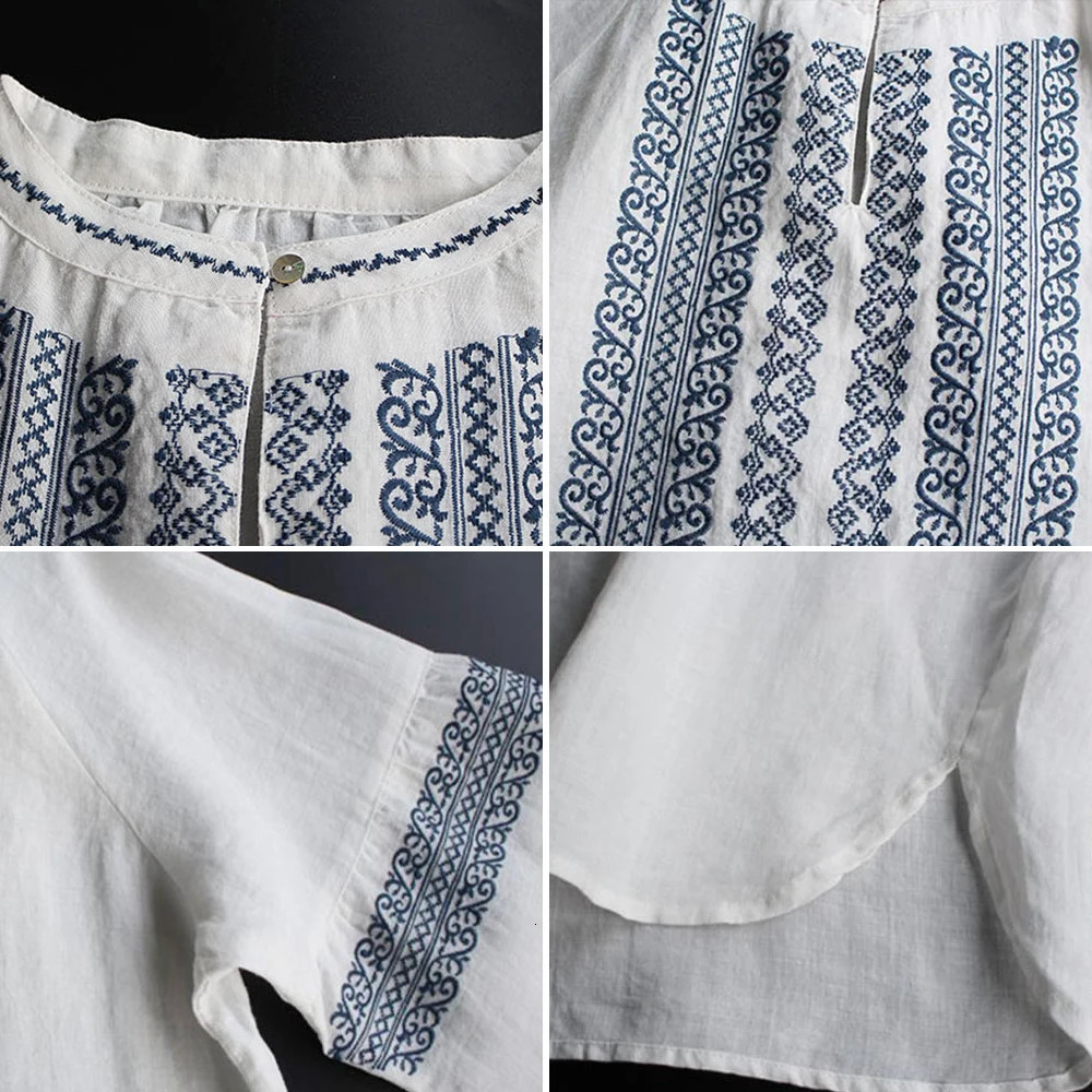 Vintage Embroidered Womens Shirt Large Solid Long Sleeve Ethnic Style Autumn Casual Loose Top 250430Z