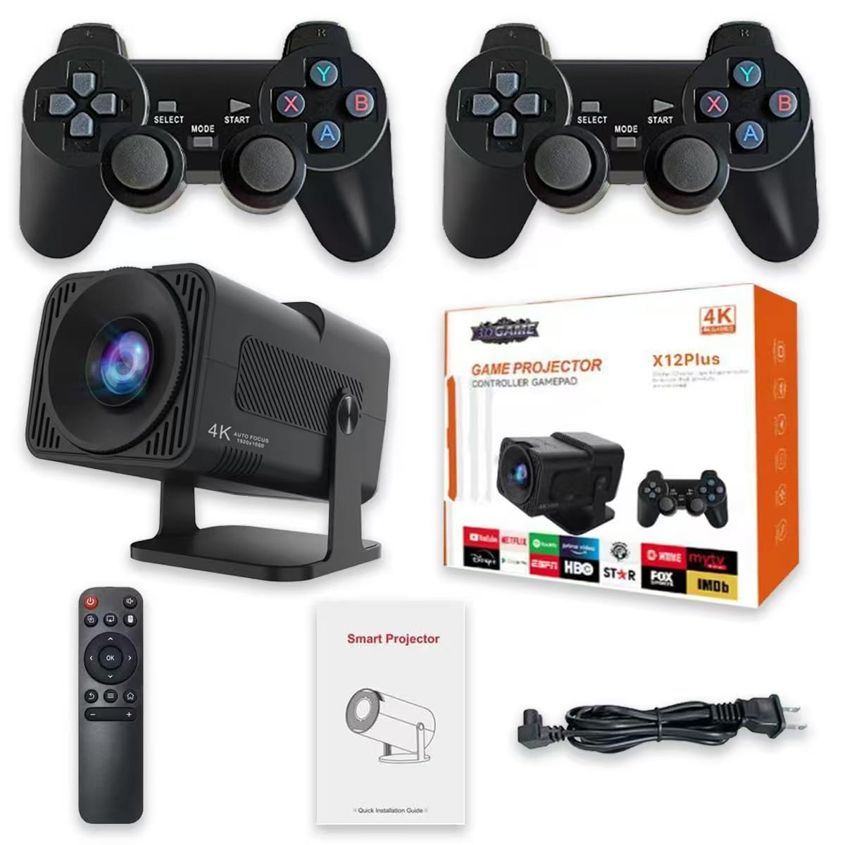X12 PLUS retro gaming projector,4K HD TV video game stick, Portable projector with 10000+ Games,HDMI Output, WIFI